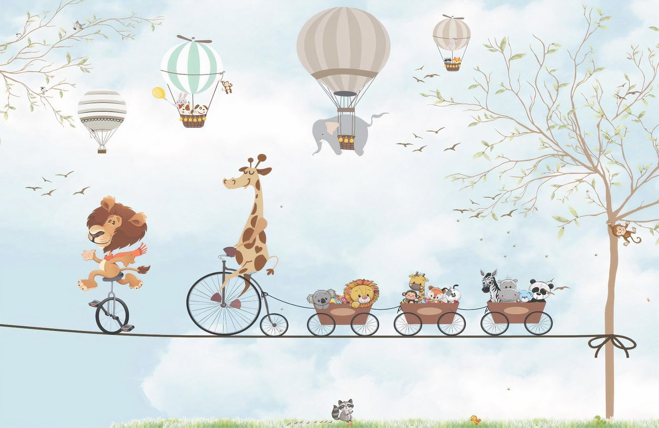 Animals on Tightrope Cycling Under Skies Wallpaper