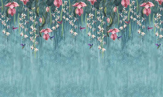 Hanging Pink Flower on Turquoise Wallpaper
