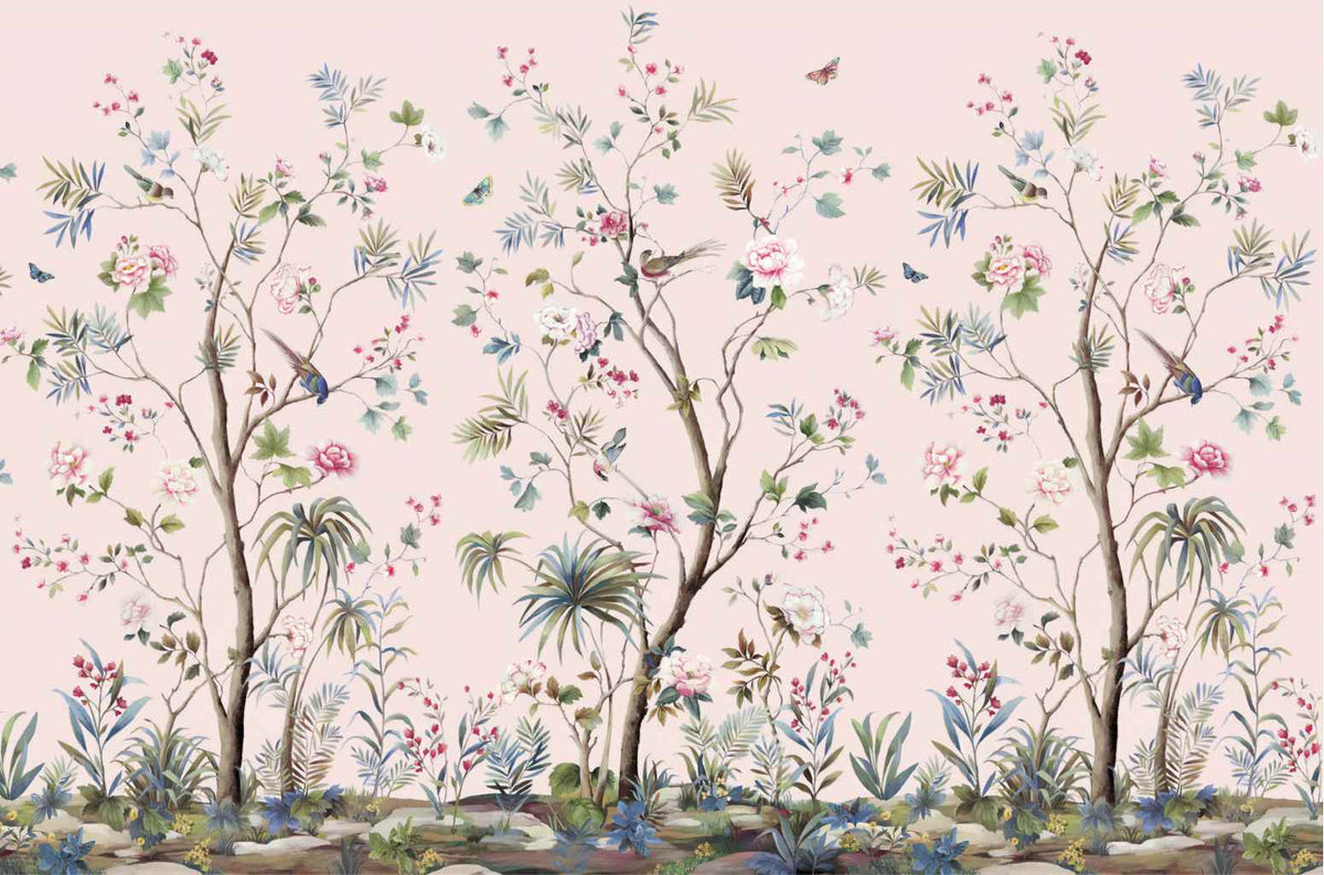 Pink Chinoiserie Wallpaper in your room — zoomed