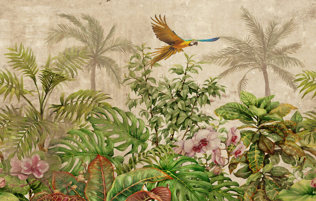 Exotic Feathered Fliers on Tropical Jungle Wallpaper in your room — zoomed