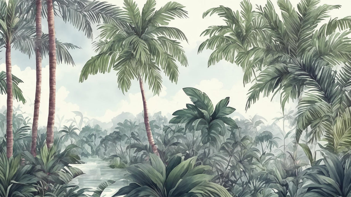 Watercolor Green trees Wallpaper Murals in your room — zoomed