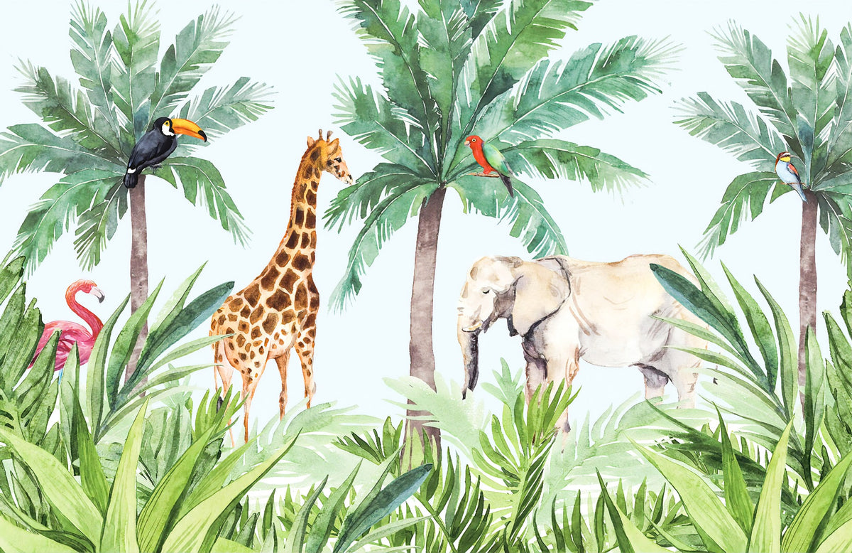 Vibrant Wildlife Serene Kids Room Wallpaper Mural in your room — zoomed