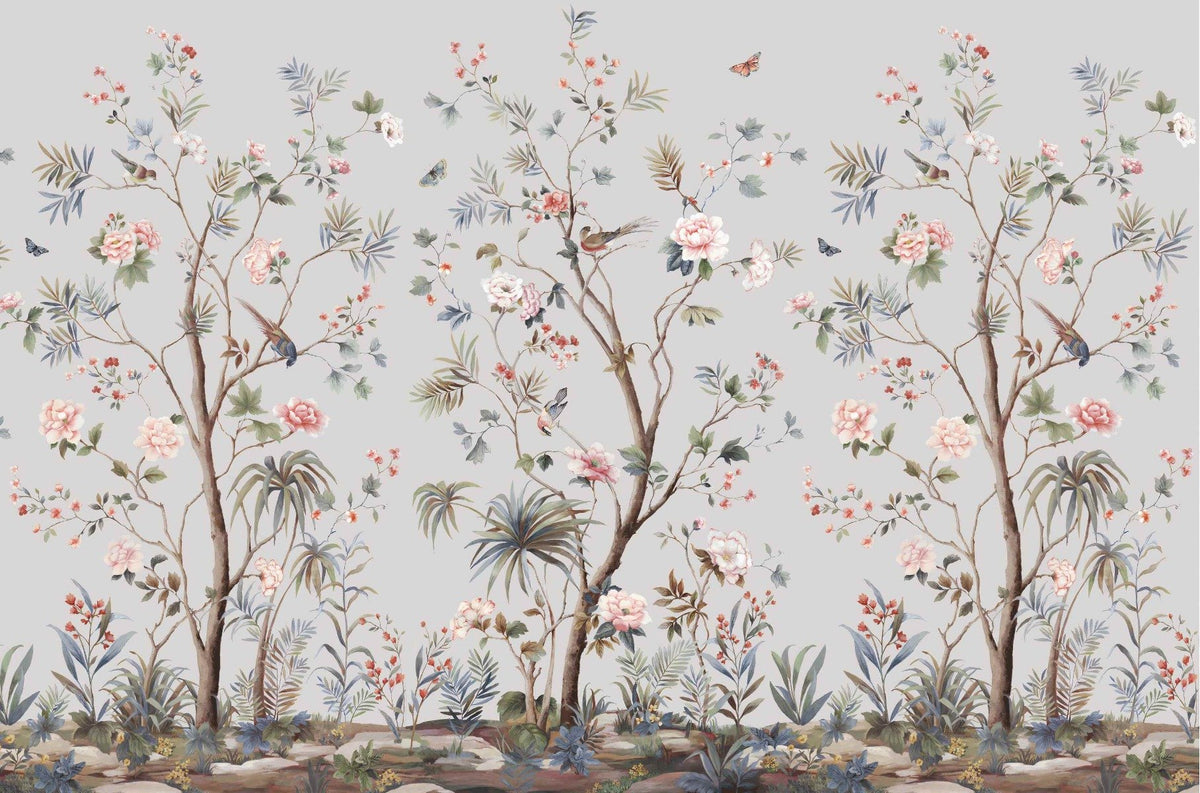 Chinoeserie Floral design Wallpaper Mural in your room — zoomed