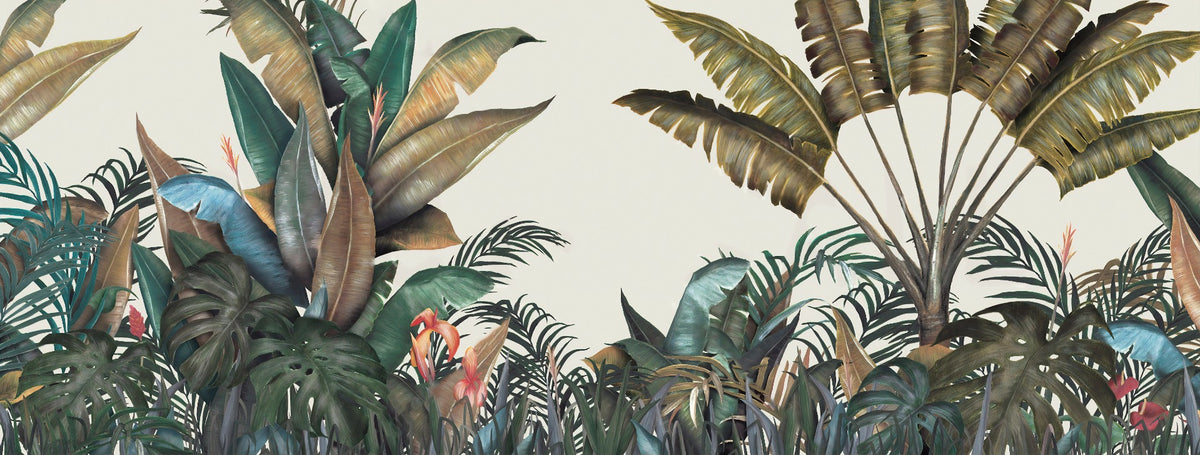 Green & Dusty Yellow Tropical Leaves Wallpaper Mural in your room — zoomed