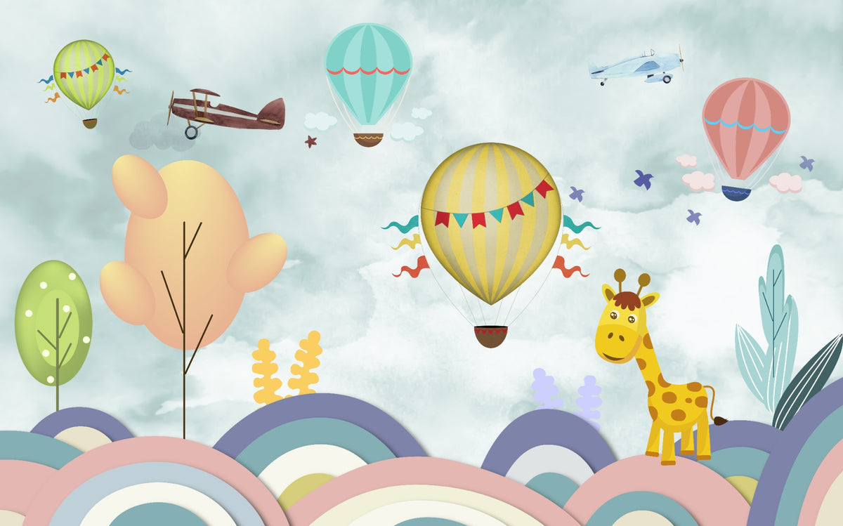 Hot Air Balloon Cartoon Kids Room Wallpaper Mural in your room — zoomed