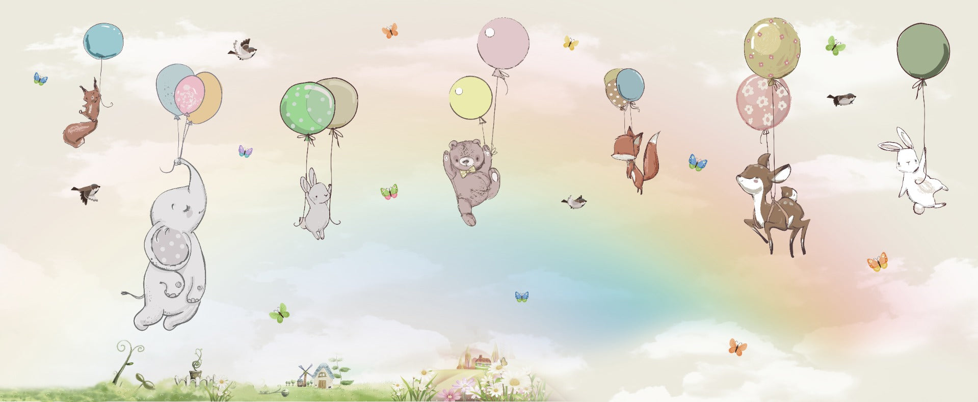 Flying Animals With Balloons Kids Room Wallpaper Mural