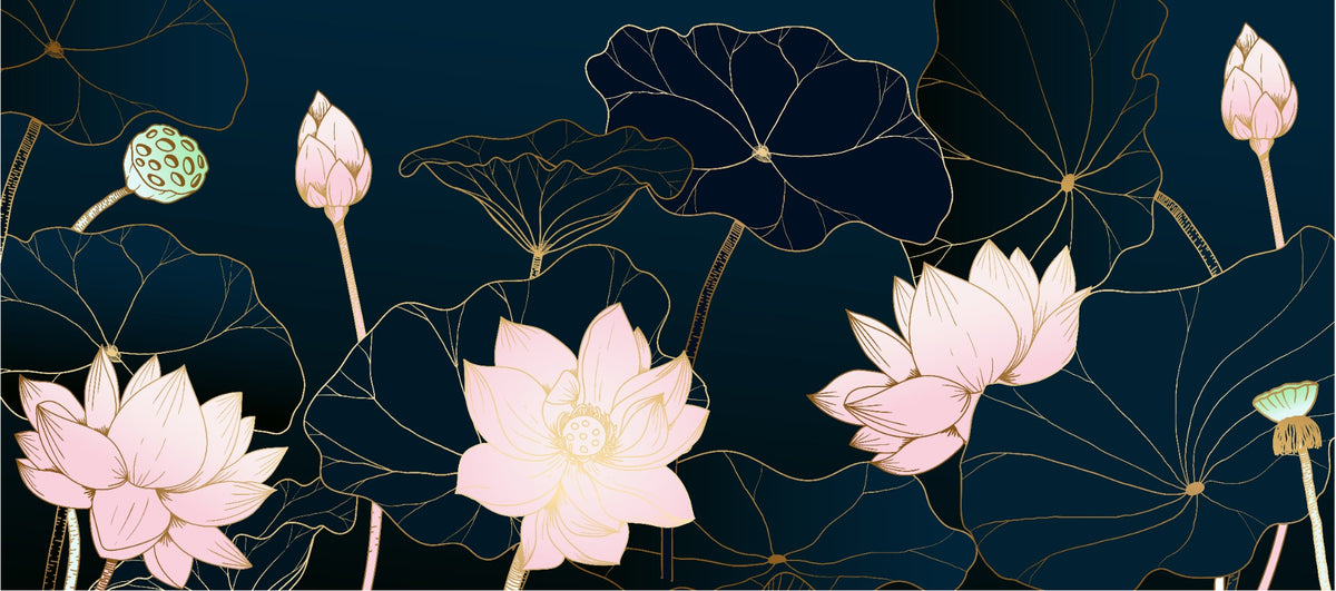 Golden Lotus Wallpaper Mural in your room — zoomed