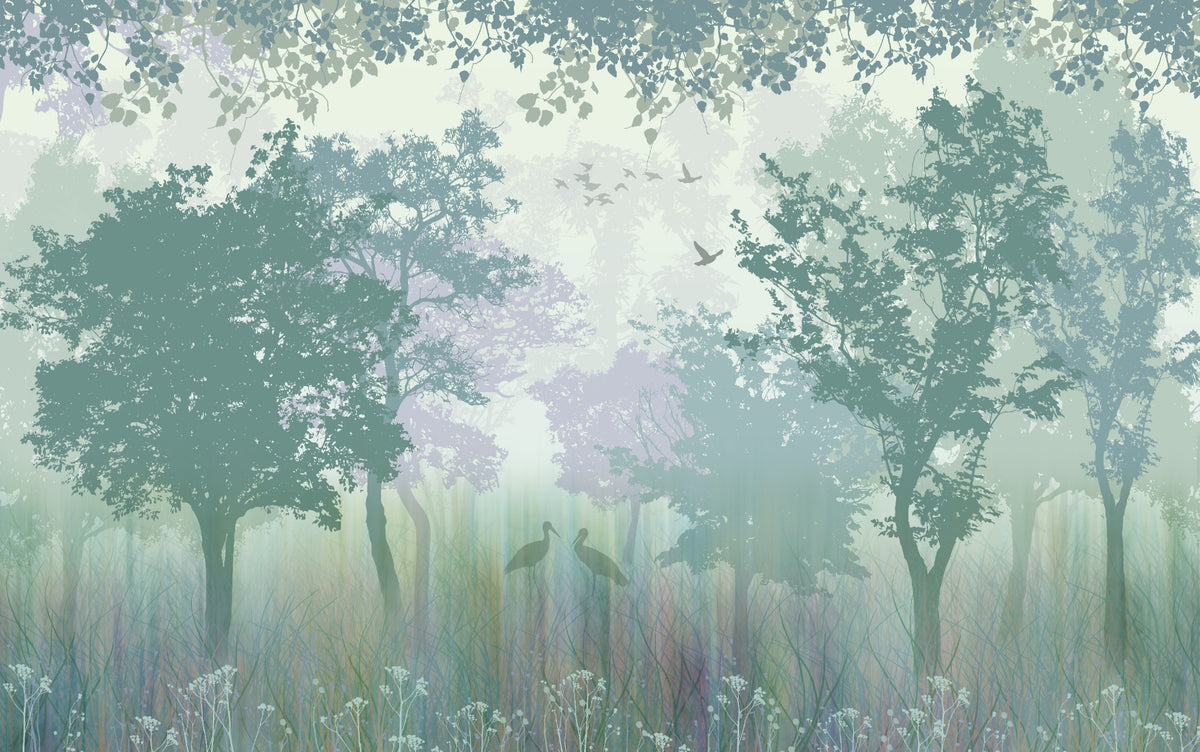 Forest Green Wallpaper with Serene Herons
