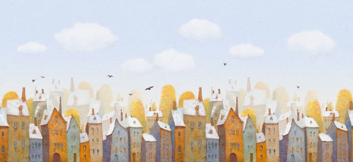 Watercolor Day Light City View Wallpaper Mural in your room — zoomed