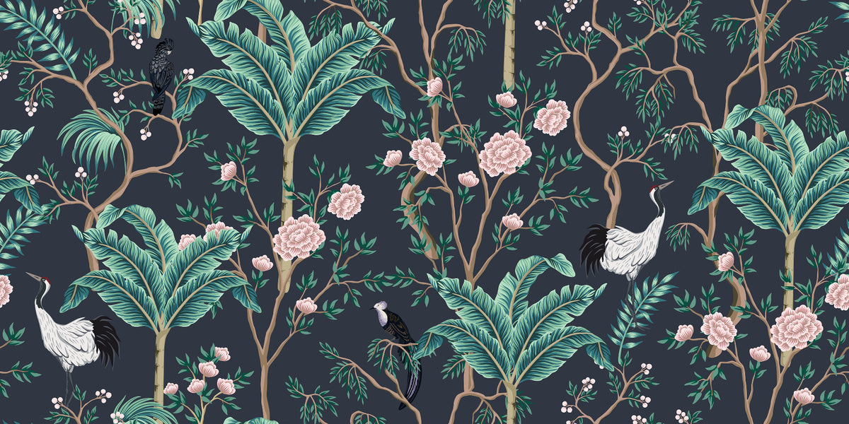 White Birds with Green Leaves & Pink Floral Wallpaper Mural in your room — zoomed