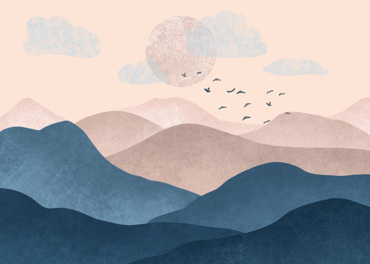 Landscape Blue Pink Mountain Wallpaper in your room — zoomed
