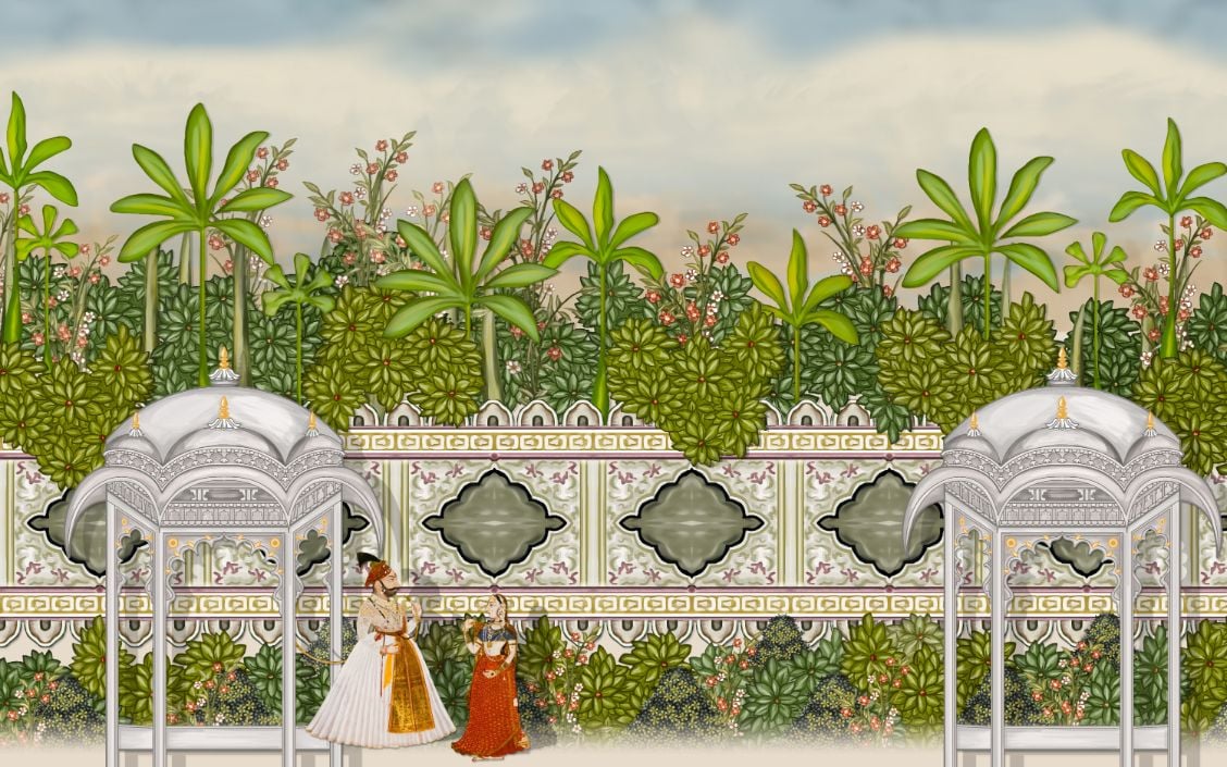 Watercolour Vintage Mughal Garden Oil Paint Wallpaper Murals