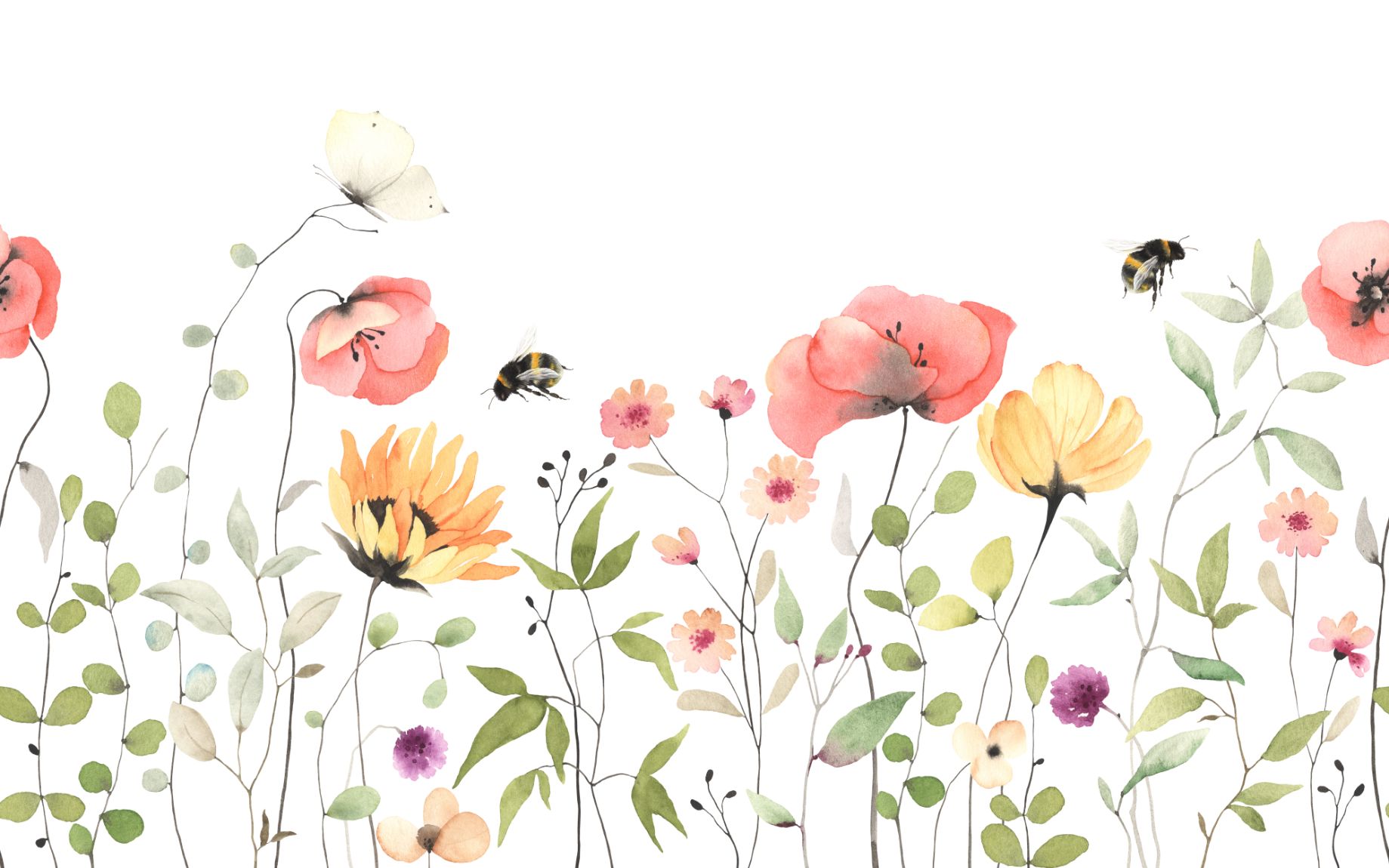 Watercolor Wildflower Wallpaper in your room — zoomed