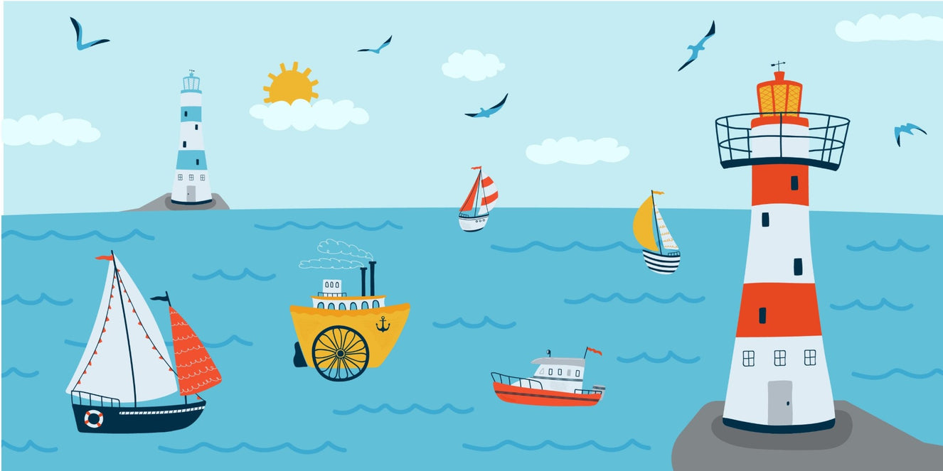 Ocean with Lighthouse and Boat wallpaper
