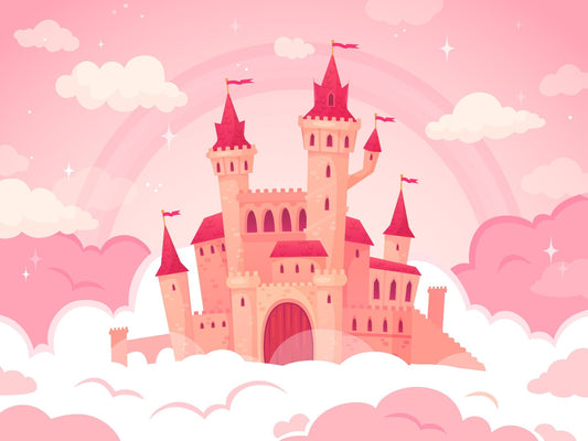Cute Cartoon Castle in Pink Clouds Wallpaper