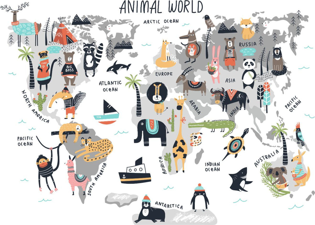 Beautiful Animal World Map Wallpaper in your room — zoomed