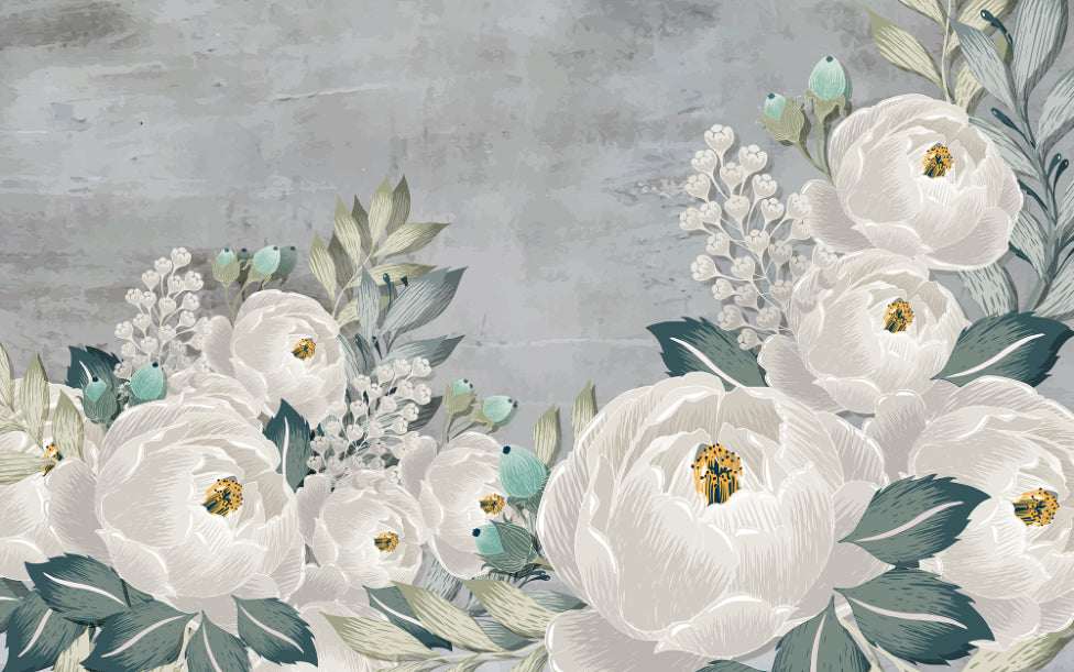 Drawn gray peonies on gray grunge wallpaper in your room — zoomed