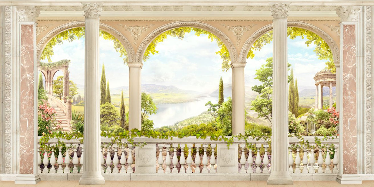 Antique landscape balcony view wallpaper in your room — zoomed