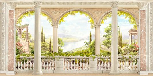 Antique landscape balcony view wallpaper
