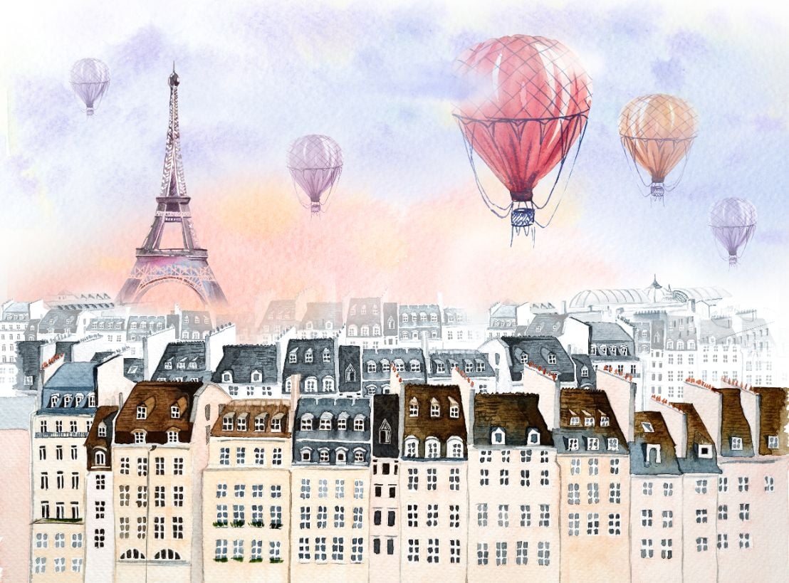 Watercolor Paris with hot air balloon Wallpaper Murals in your room — zoomed