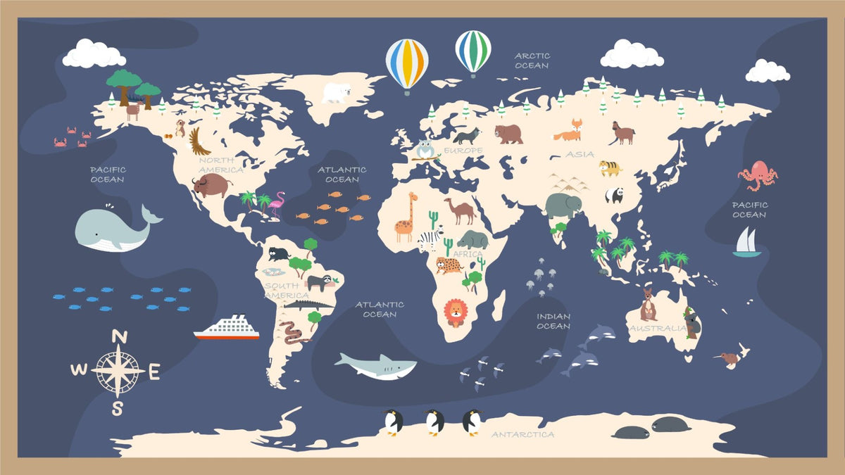 Kids World Map with Cartoon Wallpaper Mural in your room — zoomed
