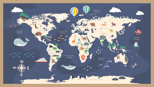Kids World Map with Cartoon Wallpaper Mural