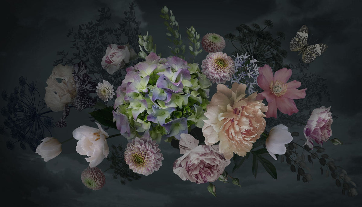 Bouquet Peonies Flower on Black Background Wallpaper Murals in your room