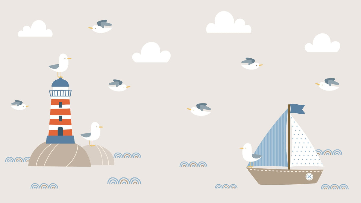 Summer Design Lighthouse Sailboat Cartoon Style Wallpaper Murals in your room