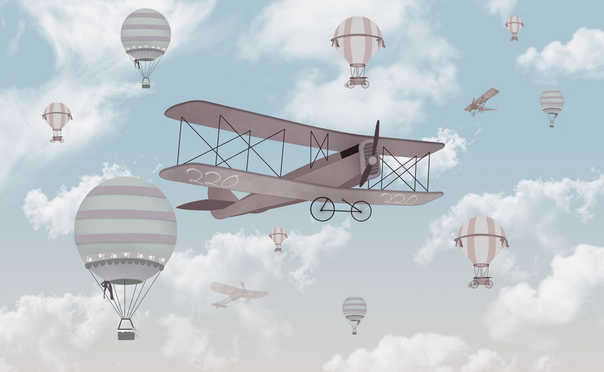 Biplane In The Sky Kids Room Wallpaper in your room — zoomed