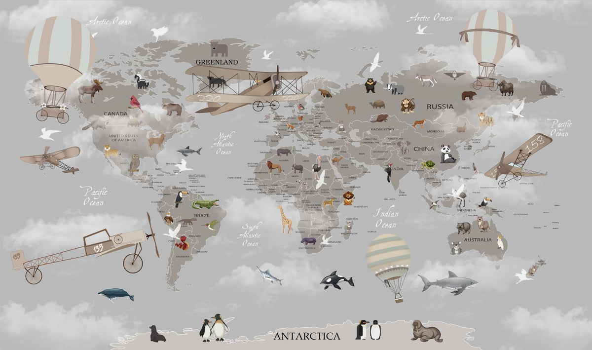 Gray World Map Kids Room Wallpaper in your room — zoomed