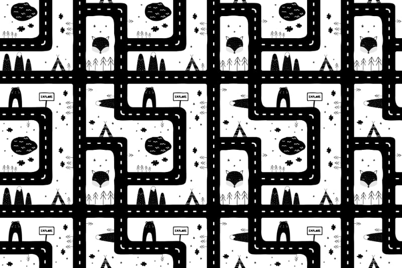 Black & White City Road Kids Room Wallpaper