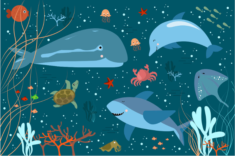 Blue Underwater Cartoon Whales Kids Room Wallpaper Murals