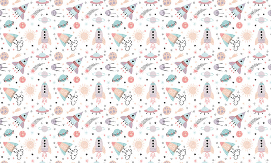 Illustrated Space Themed Rocket Kids Room Wallpaper
