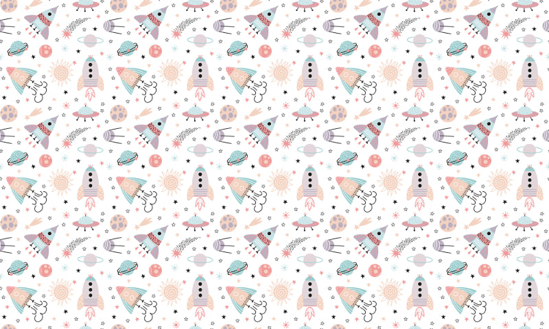 Illustrated Space Themed Rocket Kids Room Wallpaper in your room — zoomed