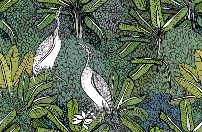 White Crane Birds & Green Tropical Plants Wallpaper in your room — zoomed