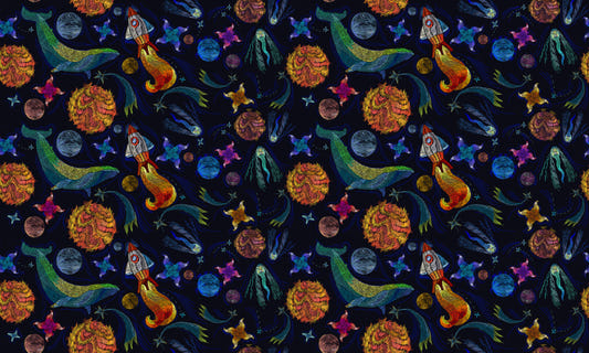 Embroidery Universe Spaceship Whale Wallpaper