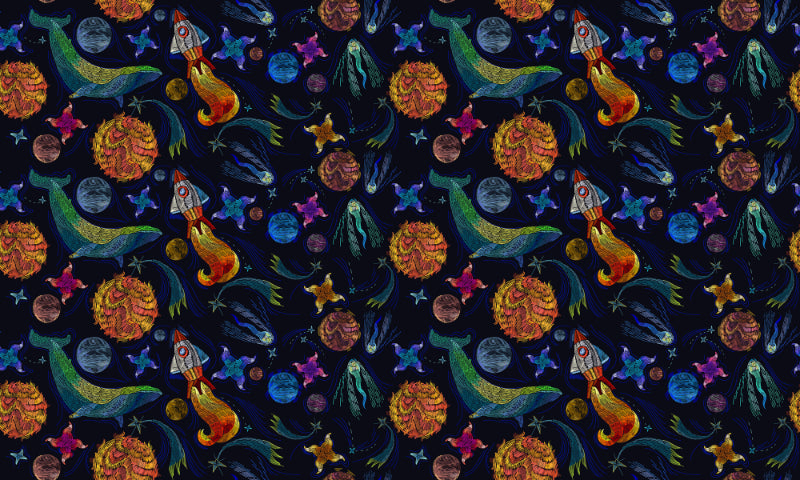 Embroidery Universe Spaceship Whale Wallpaper in your room — zoomed