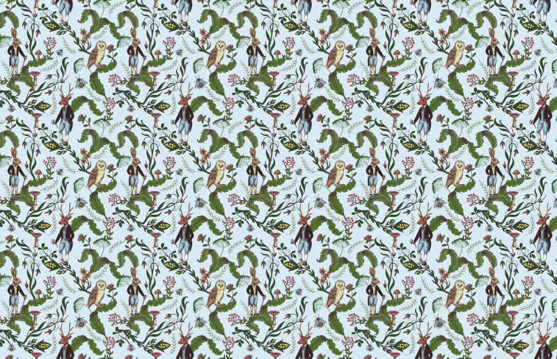 Rabbit & Owl with Green Leaves Wallpaper in your room — zoomed