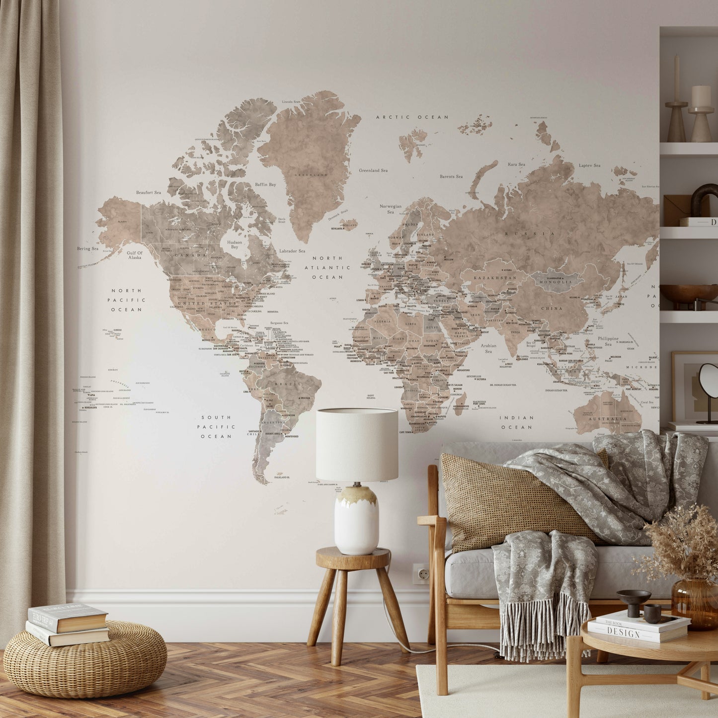 Watercolor world map with countries and capitals, Abey