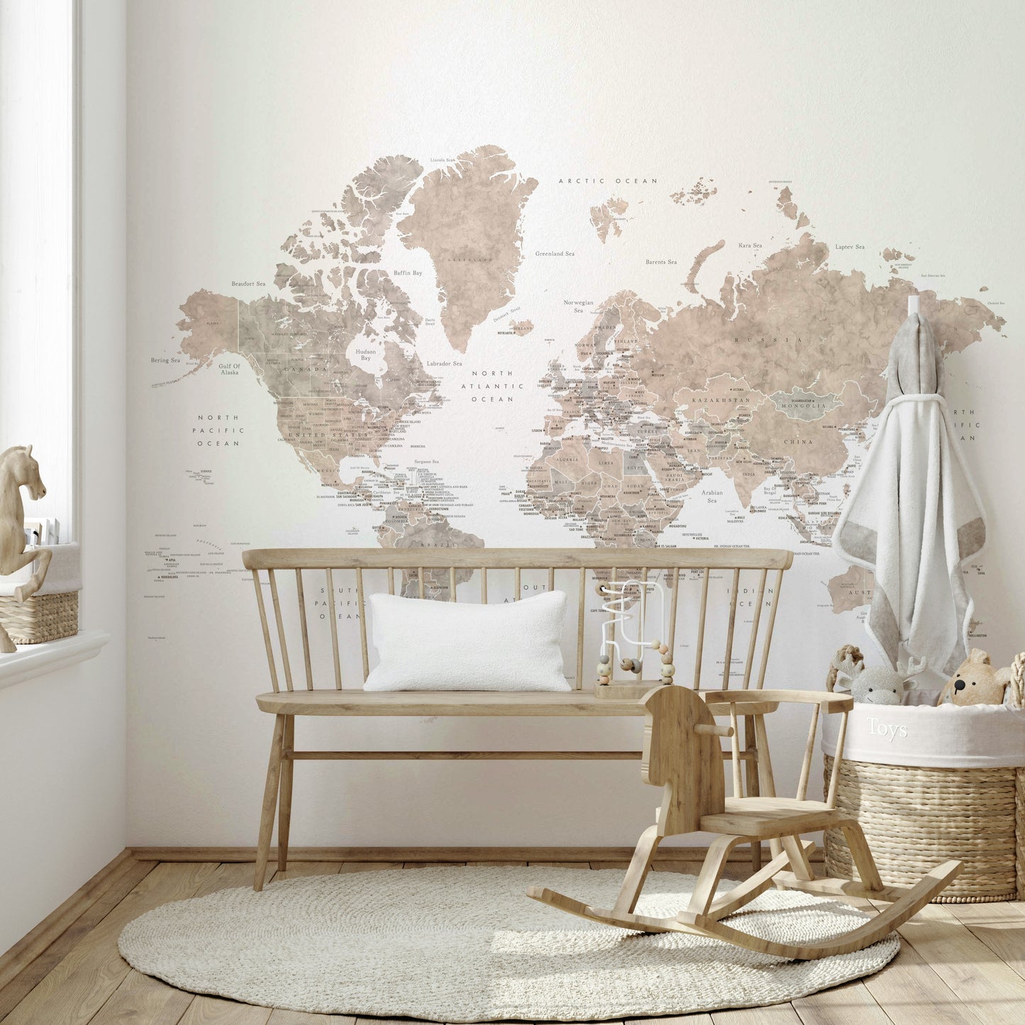 Watercolor world map with countries and capitals, Abey