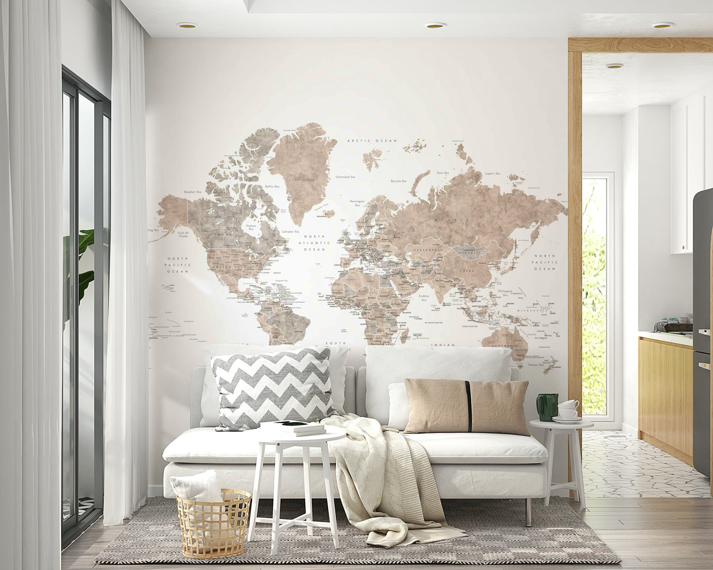 Watercolor world map with countries and capitals, Abey