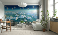 Dreamy cloudscape mural in soft pastel tones

