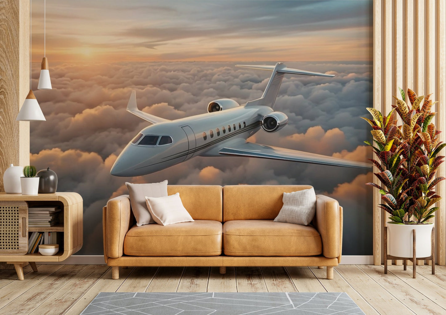 A wall mural of a cloud-filled sky above a horizon.

