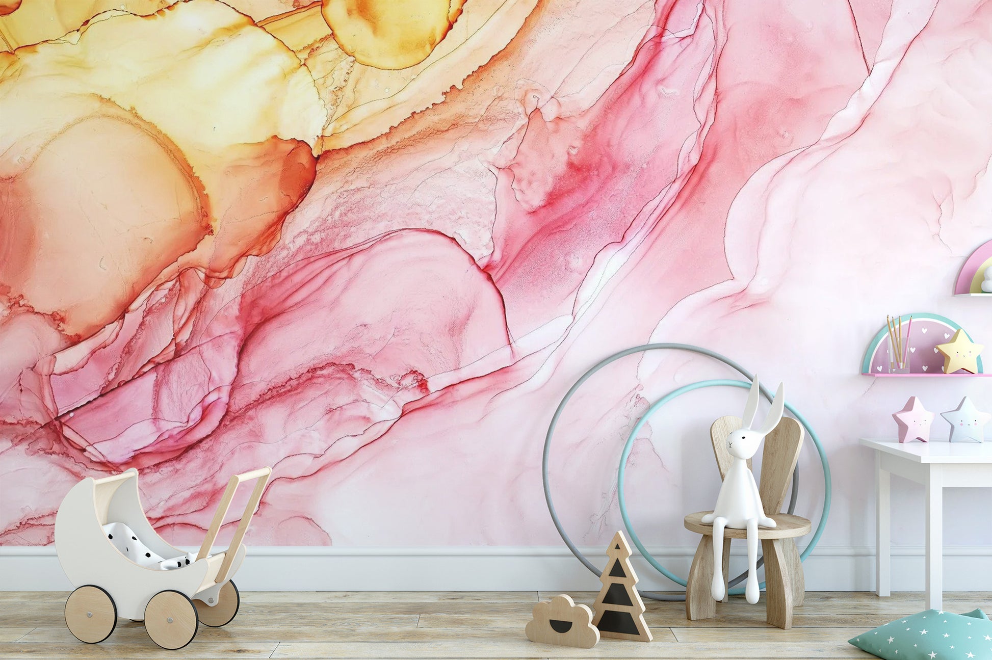 Removable wallpaper for walls with translucent ink layers in a kids room.