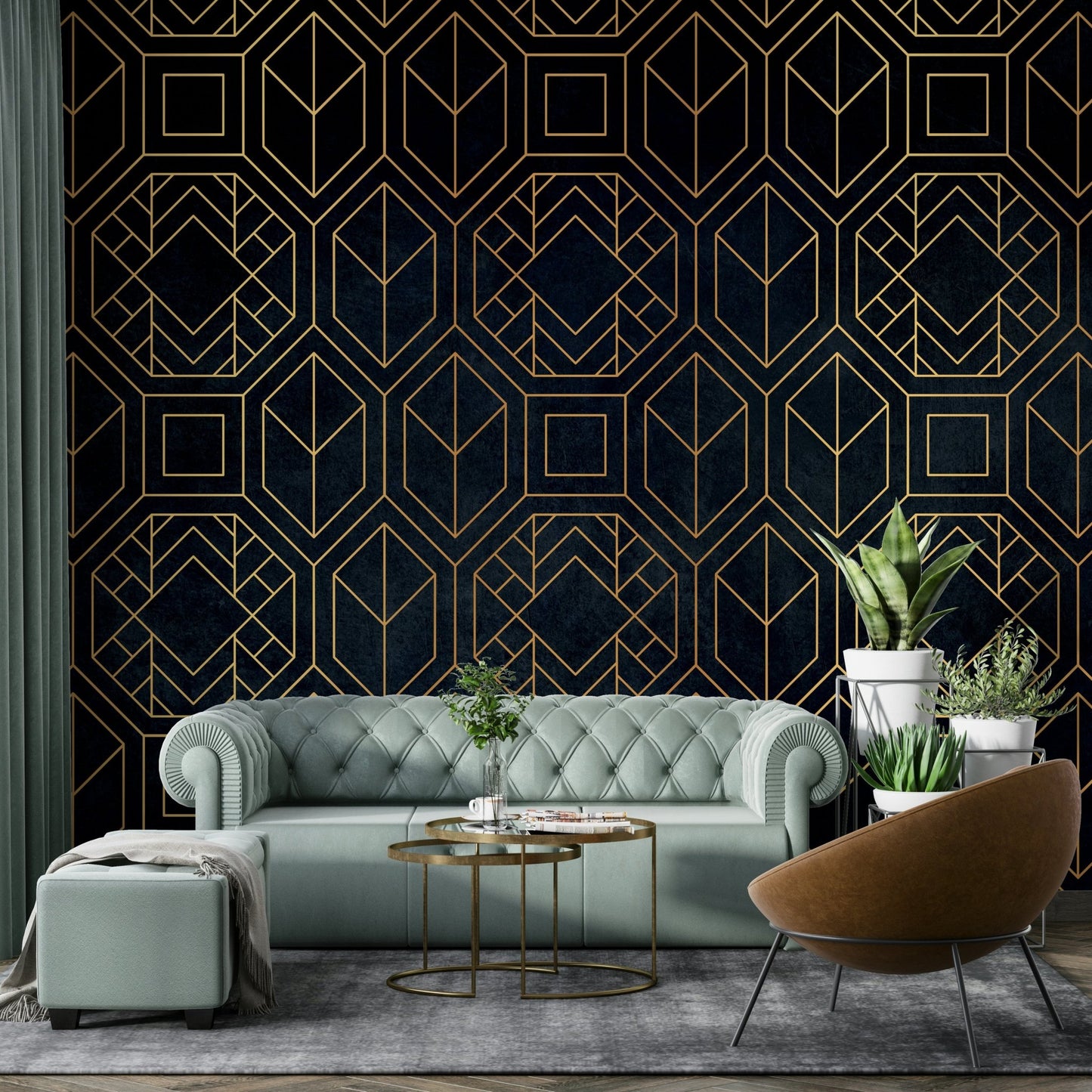 Modern charcoal black Art Deco wall mural with geometric abstraction

