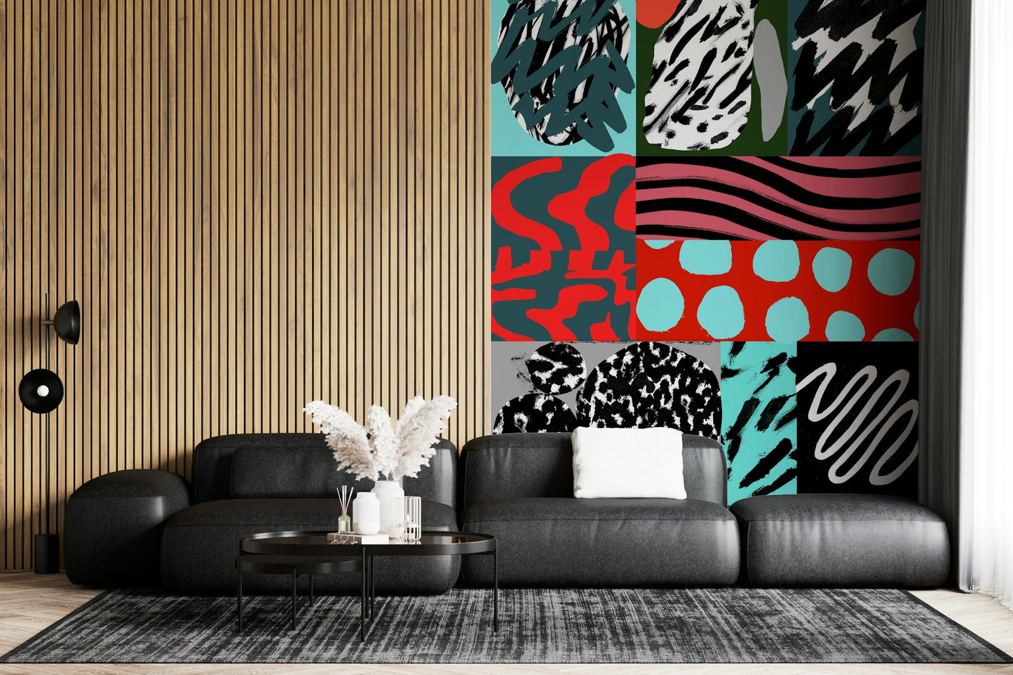 An artistic abstract shape mural on minimalist wallpaper.

