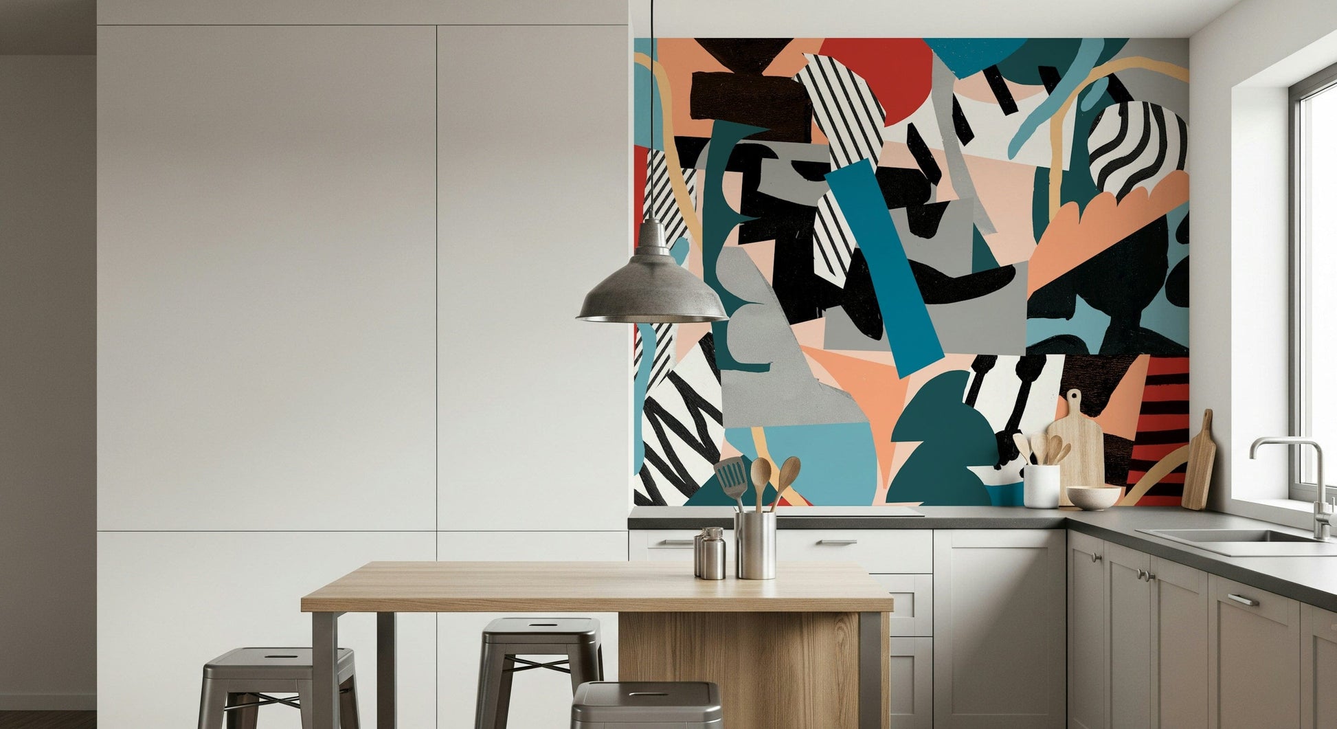 A calming abstract design wallpaper mural that defines a space.

