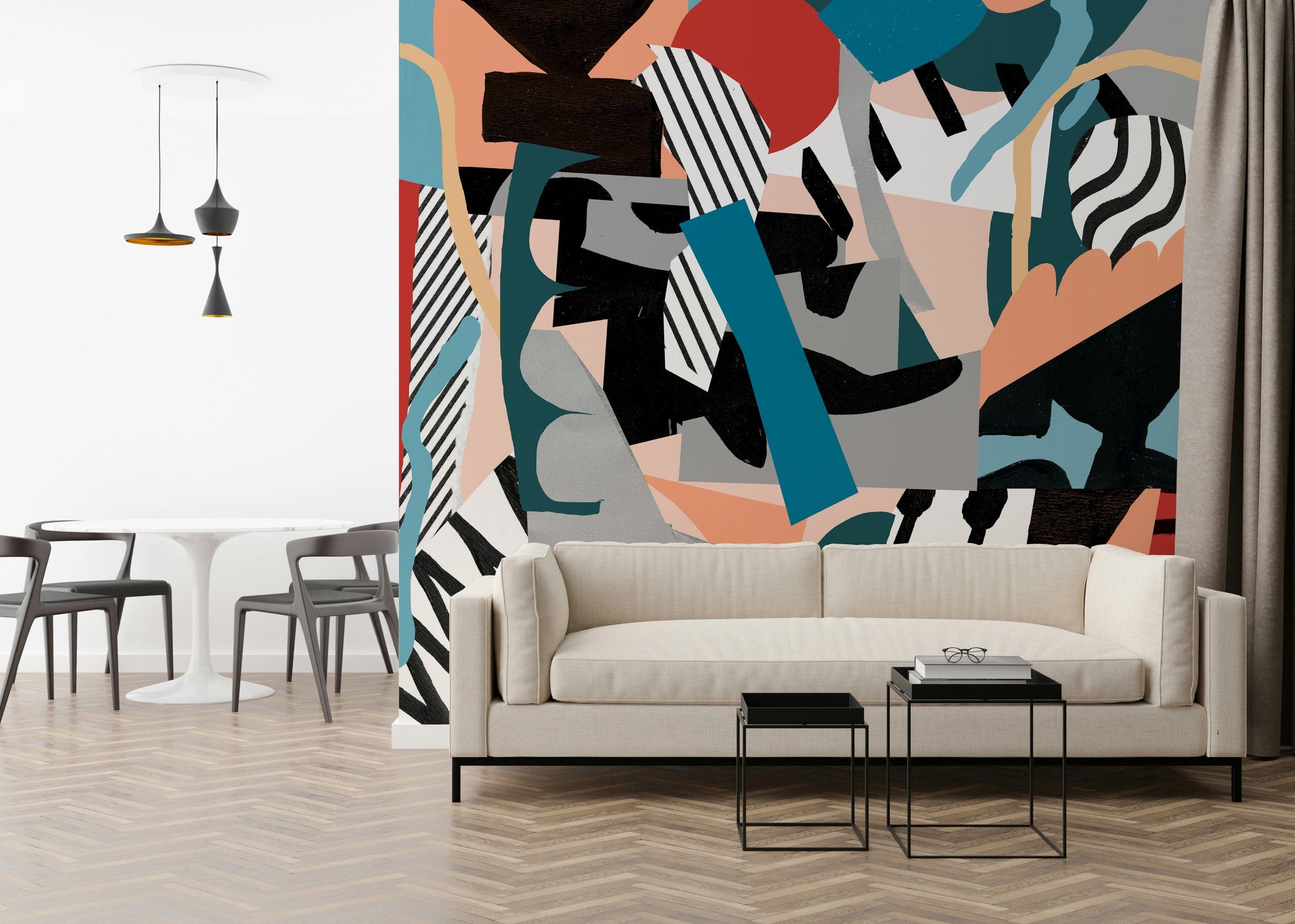 An artistic spontaneous design mural on minimalist wallpaper.

