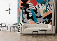 An artistic spontaneous design mural on minimalist wallpaper.

