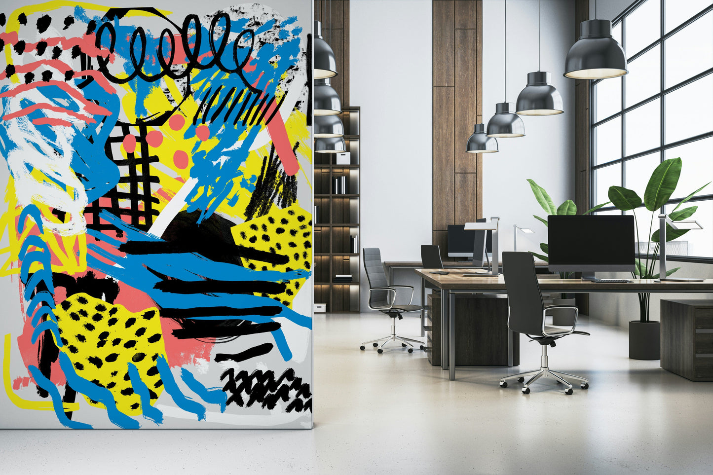 An artistic minimalist form mural for home decor.